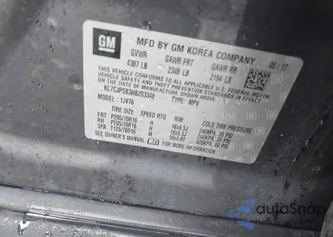 2017 Chevrolet Trax Lt из США, поврежденный, VIN KL7CJPSB3HB203348